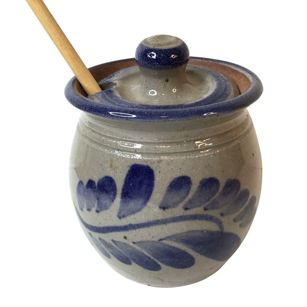 Artisan Salt Glaze Honey Jar Signed Studio Pottery Blue Cobalt Cottagecore Decor